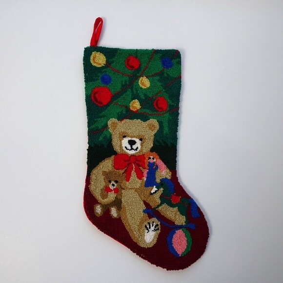 💰3/$25  Bears Christmas Stocking Holidays Decor Bear with Bow Green Red   18" - Picture 1 of 7